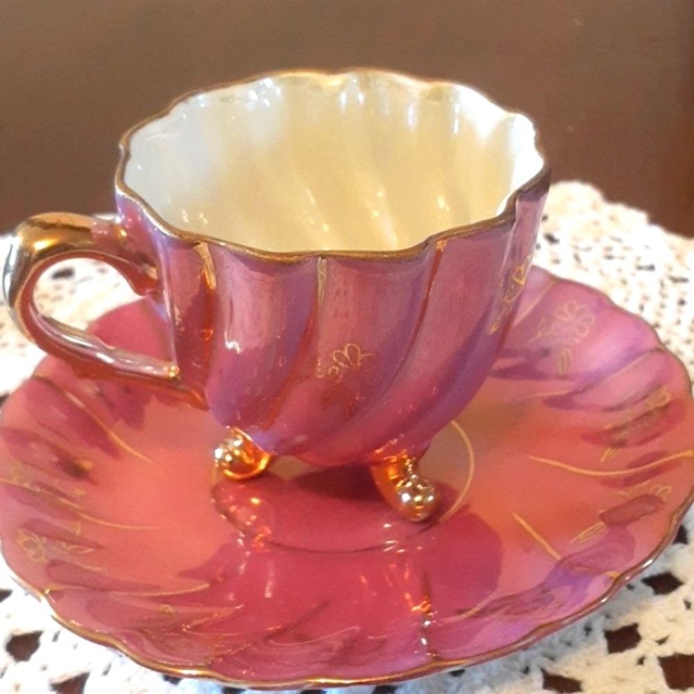 Vintage Demitassee French Pink and Gold Teacup and Saucer Set Made In Japan